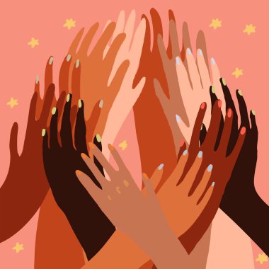 Farklı ten renginde insanların ellerinin vektör çizimi. Irk eşitliği, feminizm, asgari tarzda hoşgörü sanatı. Kusursuz kiremit deseni.