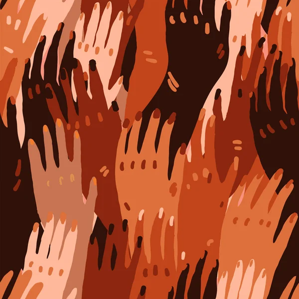 Farklı ten renginde insanların ellerinin vektör çizimi. Irk eşitliği, feminizm, asgari tarzda hoşgörü sanatı. Kusursuz kiremit deseni.