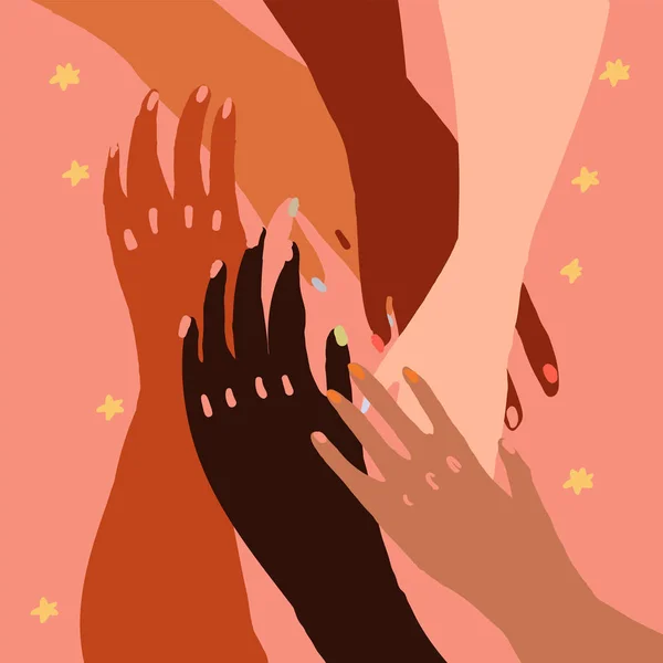 Vektorillustration Der Hände Eines Volkes Mit Unterschiedlicher Hautfarbe Zusammen Rassengleichheit — Stockvektor