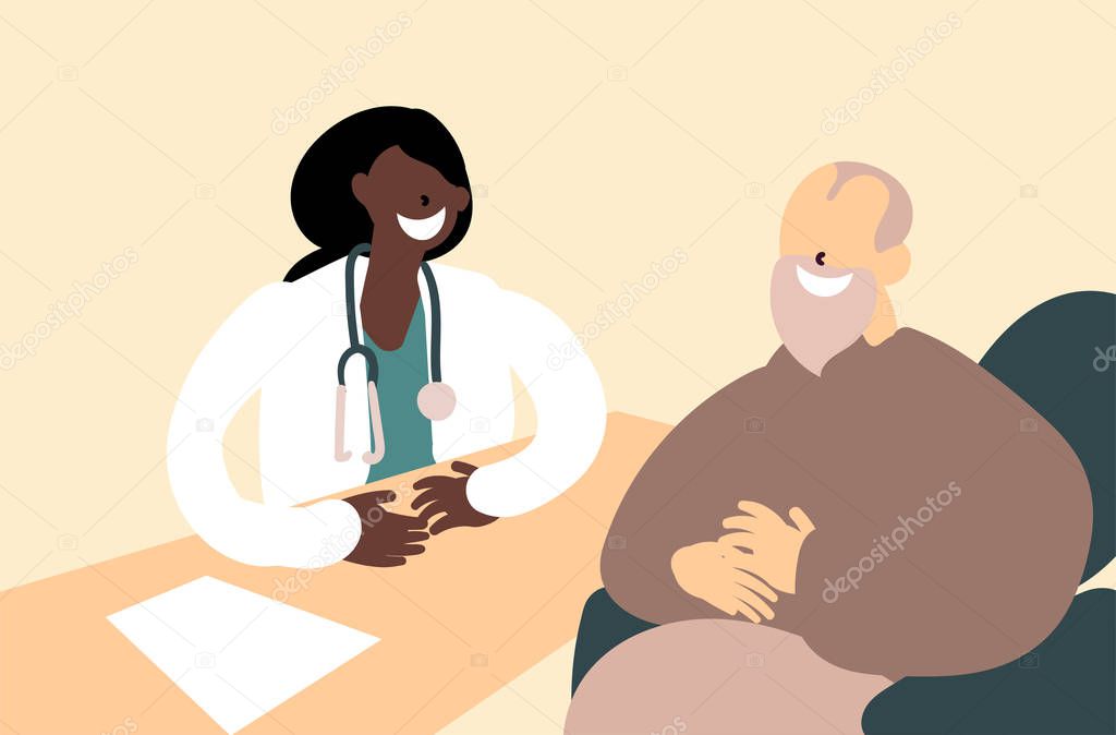 Flat style cartoon cute character, elderly caucasian man on wheelchair getting medical advice from african american female doctor, communication, healthcare. Hand drawn vector illustration.