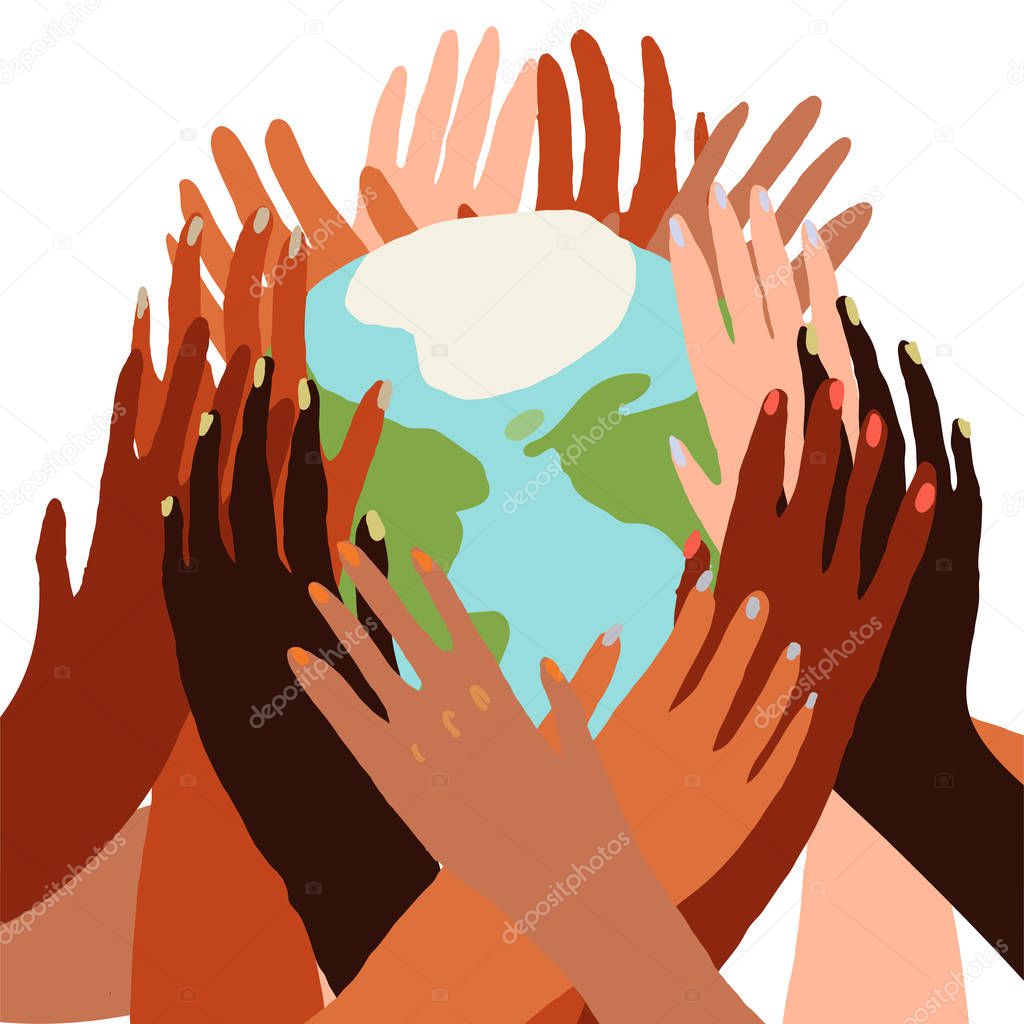Illustration of a people's hands with different skin color together holding planet earth. Race equality, feminism, tolerance, climate change, ecology, global warming concept art in minimal style.