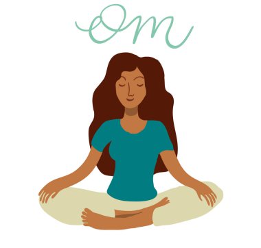 Meditasyonda oturan kadın vektör çizimi yapıyor. Düz olmayan bir el çizimi. Harf Om