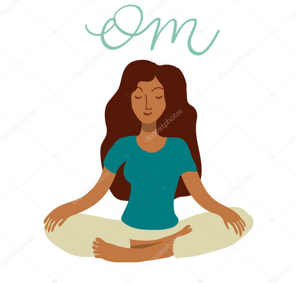 Woman sittin in meditation pose vector illustration. Hand drawn art in minimal flat style. Lettering phrase Om