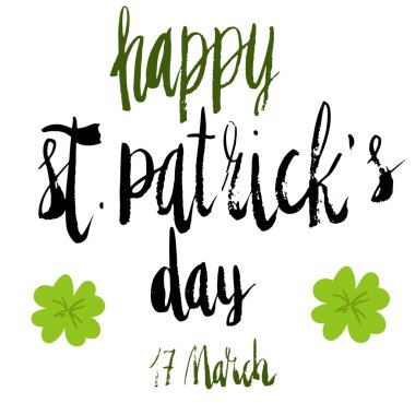 Aziz Patrick Günü kutlama kartı şablonunuz kutlu olsun. El yazısı fırça harfleri. Yoncanın düz çizimi. Beyazda izole edilmiş.