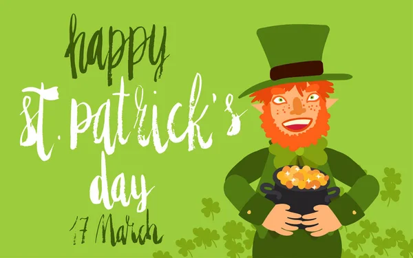 Grattis Patricks Day Firande Kort Mall Handskrivna Borstbokstäver Platt Illustration — Stock vektor