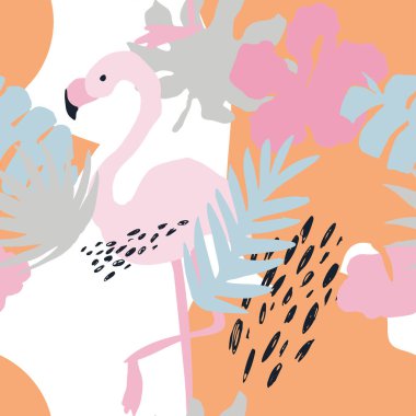 Asgari yaz trendi, İskandinav tarzında kusursuz taşıyıcı kiremit deseni. Flamingo, egzotik palmiye yaprağı, çiçek ve noktalar. Beyaz üzerine izole edilmiş baskı için tekstil kumaş mayo grafik tasarımı.