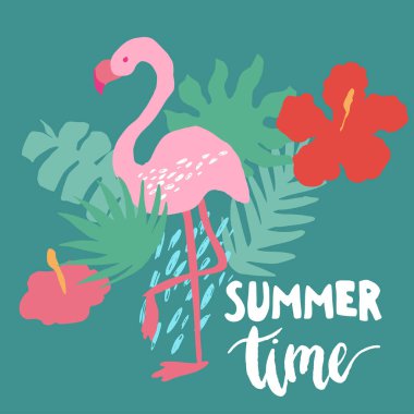 İskandinav tarzında asgari tatil trendli vektör çizimi. Flamingo, egzotik palmiye yaprağı, çiçek ve noktalar. El yazısı harf cümlesi Yaz zamanı