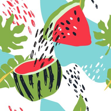 Asgari yaz trendi, İskandinav tarzında kusursuz taşıyıcı kiremit deseni. Karpuz, palmiye yaprakları, soyut elementler. Pring için tekstil kumaş mayo grafik tasarımı.