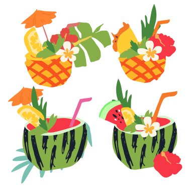 İskandinav düz stilinde asgari yaz trendli vektör çizimi. Meyve dilimli egzotik ananas ve karpuz kokteyli, çiçekler, saman, şemsiye. Beyazda izole edilmiş tasarım ögeleri.