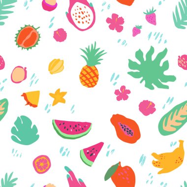 Asgari yaz trendi, İskandinav tarzında kusursuz taşıyıcı kiremit deseni. Egzotik meyve dilimi, palmiye yaprağı çiçeği. Beyaz üzerine izole edilmiş baskı için tekstil kumaş mayo grafik tasarımı.