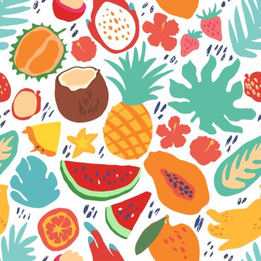 Asgari yaz trendi, İskandinav tarzında kusursuz taşıyıcı kiremit deseni. Egzotik meyve dilimi, palmiye yaprağı, amber çiçeği ve noktalar. Beyaz üzerine izole edilmiş baskı için tekstil kumaş mayo grafik tasarımı.