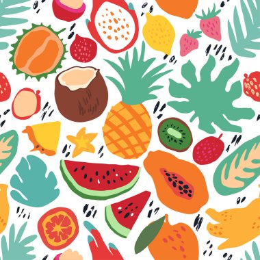 Asgari yaz trendi, İskandinav tarzında kusursuz taşıyıcı kiremit deseni. Egzotik meyve dilimleri, palmiye yaprakları ve noktalar. Beyaz üzerine izole edilmiş baskı için tekstil kumaş mayo grafik tasarımı.