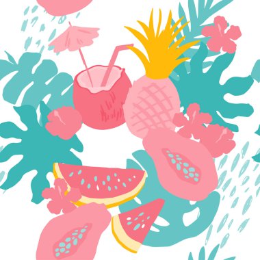 Asgari yaz trendi, İskandinav tarzında kusursuz taşıyıcı kiremit deseni. Egzotik meyve dilimleri, çiçekler, palmiye yaprakları ve noktalar. Beyaz üzerine izole edilmiş baskı için tekstil kumaş mayo grafik tasarımı.