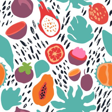 Asgari yaz trendi, İskandinav tarzında kusursuz taşıyıcı kiremit deseni. Egzotik meyve dilimi, bitki yaprağı ve soyut elementler. Beyaz üzerine izole edilmiş baskı için tekstil kumaş mayo grafik tasarımı.