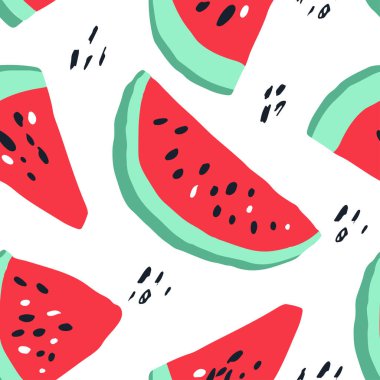 Asgari yaz trendi, İskandinav tarzında kusursuz taşıyıcı kiremit deseni. Karpuz ve soyut elementler. Beyaz üzerine izole edilmiş baskı için tekstil kumaş mayo grafik tasarımı.
