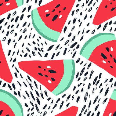 Asgari yaz trendi, İskandinav tarzında kusursuz taşıyıcı kiremit deseni. Karpuz ve soyut elementler. Beyaz üzerine izole edilmiş baskı için tekstil kumaş mayo grafik tasarımı.