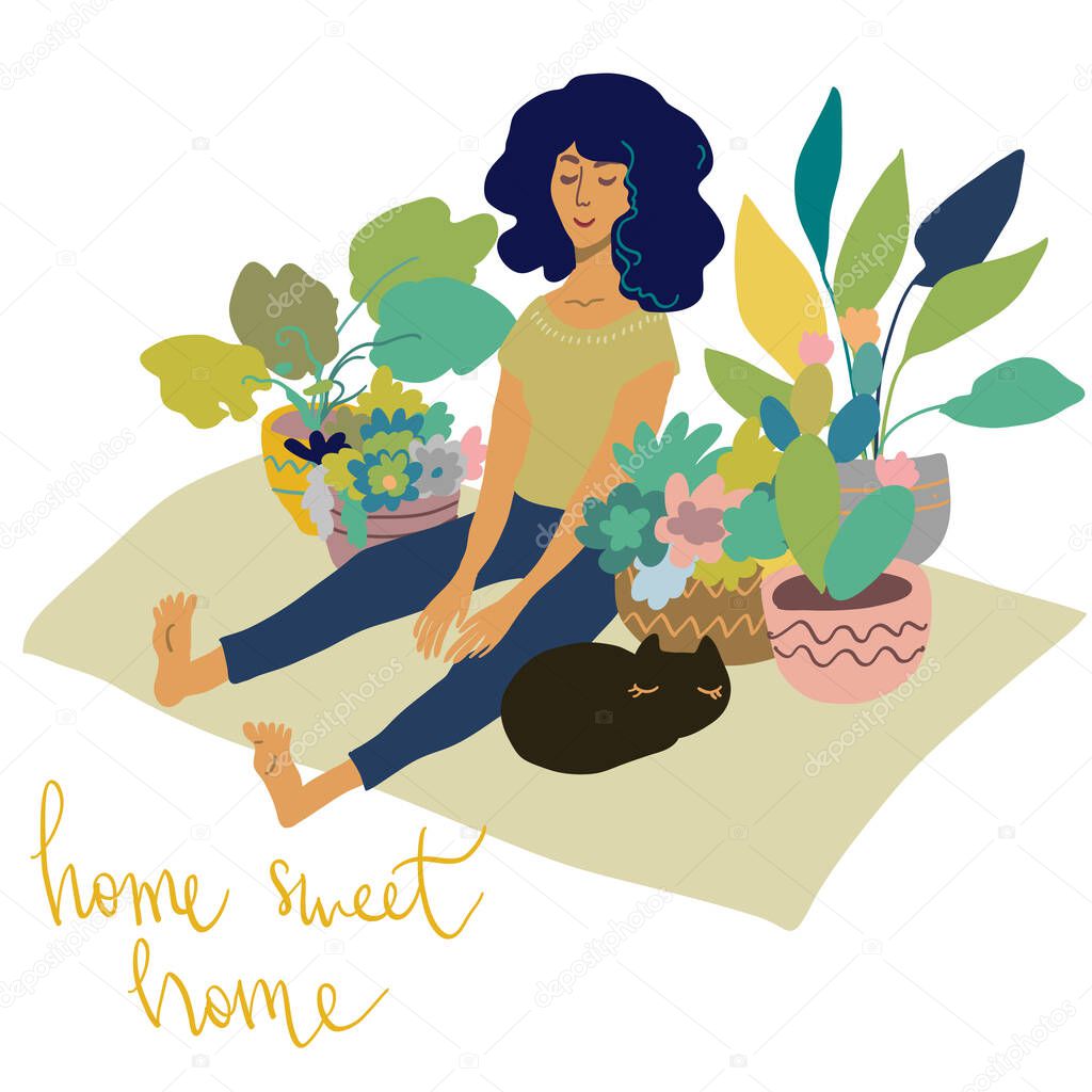 Urban interior house potted plants decorative vector illustration. Hand drawn art woman and cat sitting on carpet in scandinavian minimal style. Lettering phrase Home sweet home.