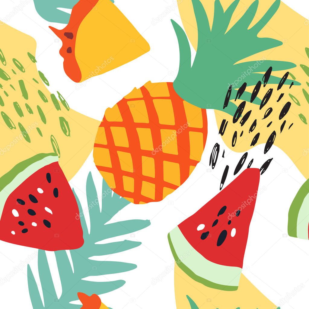 Minimal summer trendy vector tile seamless pattern in scandinavian style. Watermelon, pineapple, palm leafs, abstract elements. Textile fabric swimwear graphic design for pring.