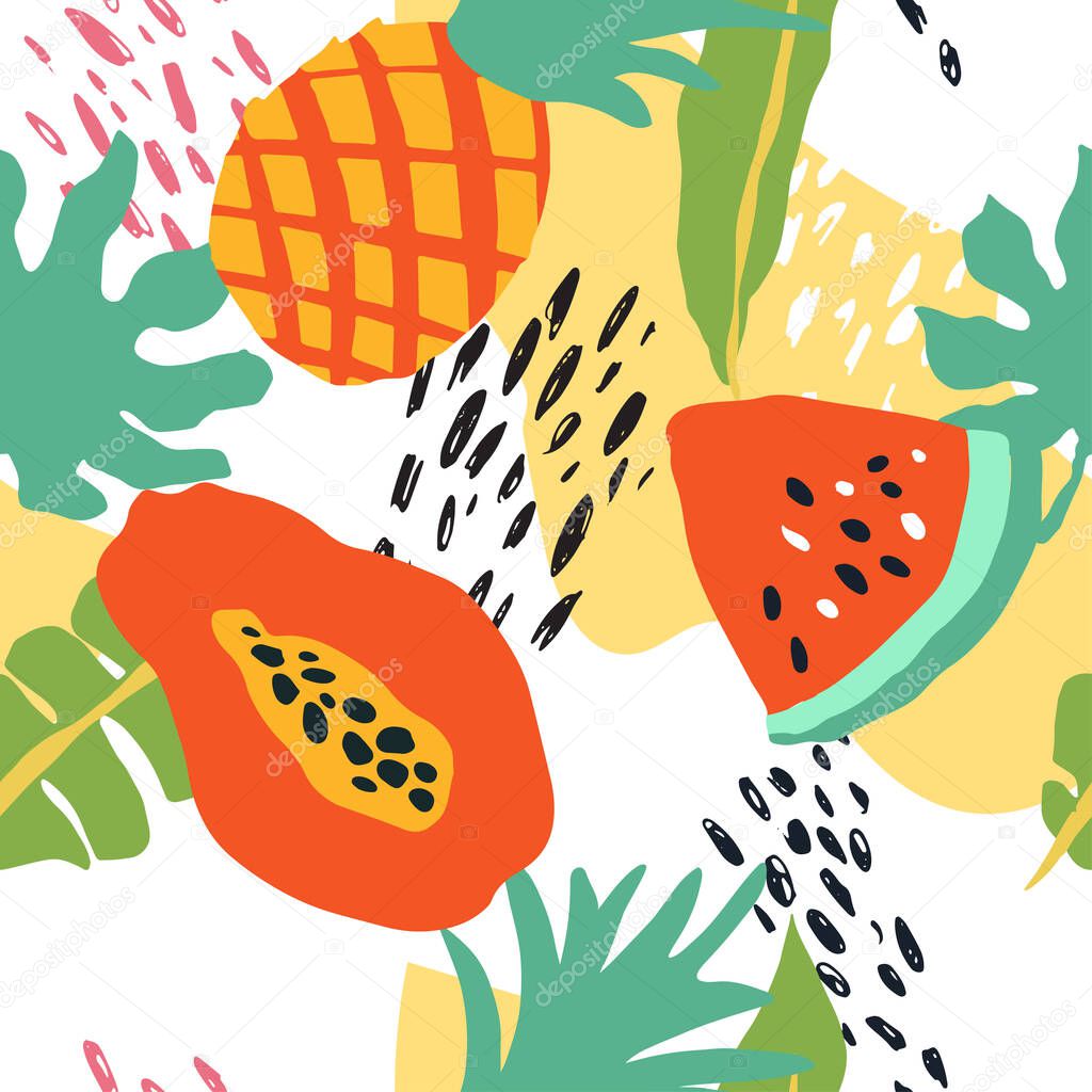 Minimal summer trendy vector tile seamless pattern in scandinavian style. Watermelon, pineapple, papaya, palm leafs, abstract elements. Textile fabric swimwear graphic design for pring.