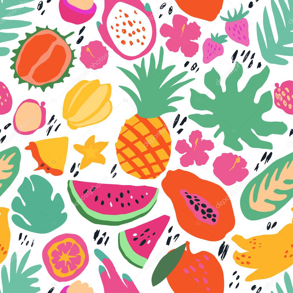 Minimal summer trendy vector tile seamless pattern in scandinavian style. Exotic fruit slice, palm leaf, hibiscus and dots. Textile fabric swimwear graphic design for print isolated on white.