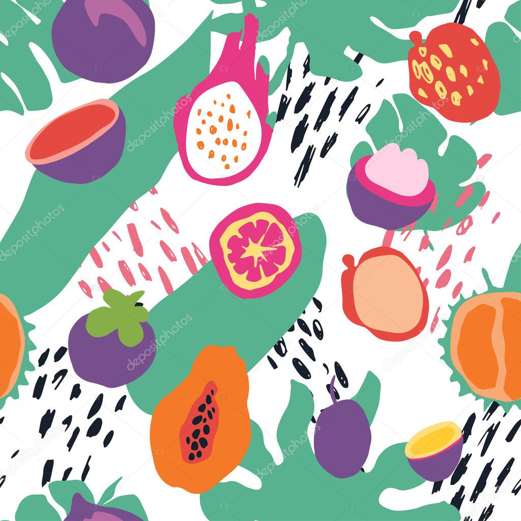 Minimal summer trendy vector tile seamless pattern in scandinavian style. Exotic fruit slice, plant leaf and abstract elements. Textile fabric swimwear graphic design for print isolated on white.