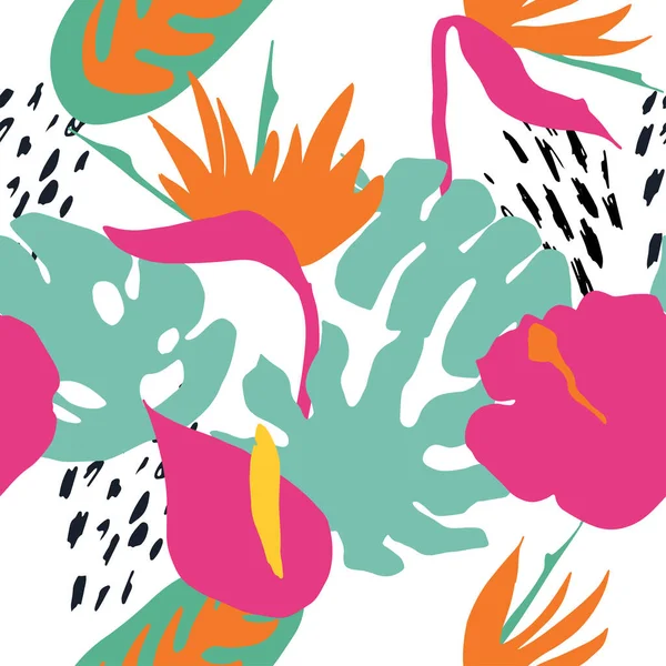 北欧風のミニマルな夏のトレンディーなベクトルタイルシームレスパターン 楽園の鳥 ハイビスカス 葉の花 ヤシの葉 テキスタイルファブリック 水着グラフィックデザインFor Pring — ストックベクタ