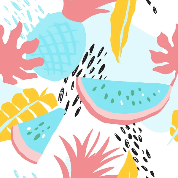 北欧風のミニマルな夏のトレンディーなベクトルタイルシームレスパターン スイカ パイナップル ヤシの葉 抽象的な要素 テキスタイルファブリック 水着グラフィックデザインFor Pring — ストックベクタ