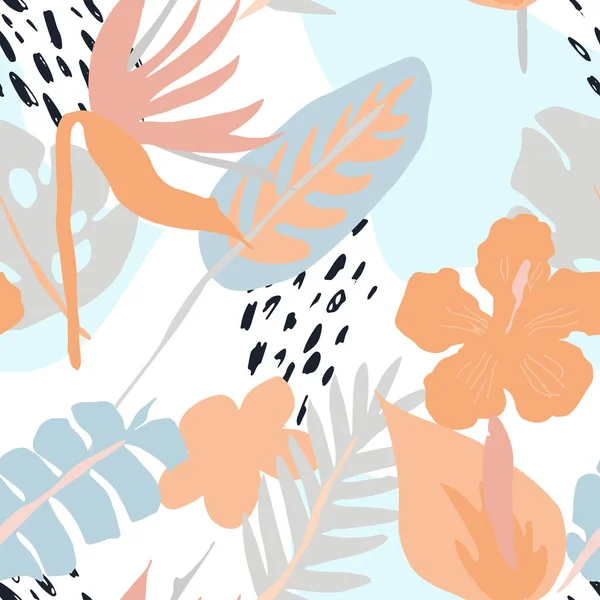 北欧風のミニマルな夏のトレンディーなベクトルタイルシームレスパターン 楽園の鳥 ハイビスカス 葉の花 ヤシの葉 テキスタイルファブリック 水着グラフィックデザインFor Pring — ストックベクタ