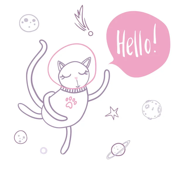 Lindo Gato Volando Espacio Rodeado Estrellas Planetas Asteroides Hola Letras — Vector de stock