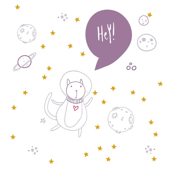 Aranyos Macska Repül Űrben Csillagokkal Bolygókkal Körülvéve Aszteroidák Szia Kézírás — Stock Vector