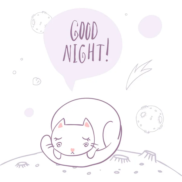 Cute Cat Space Sleeping Surrounded Stars Planets Asteroids Good Night — Stock Vector