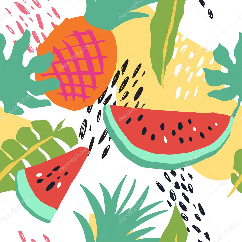 Minimal summer trendy vector tile seamless pattern in scandinavian style. Watermelon, pineapple, palm leafs, abstract elements. Textile fabric swimwear graphic design for pring.