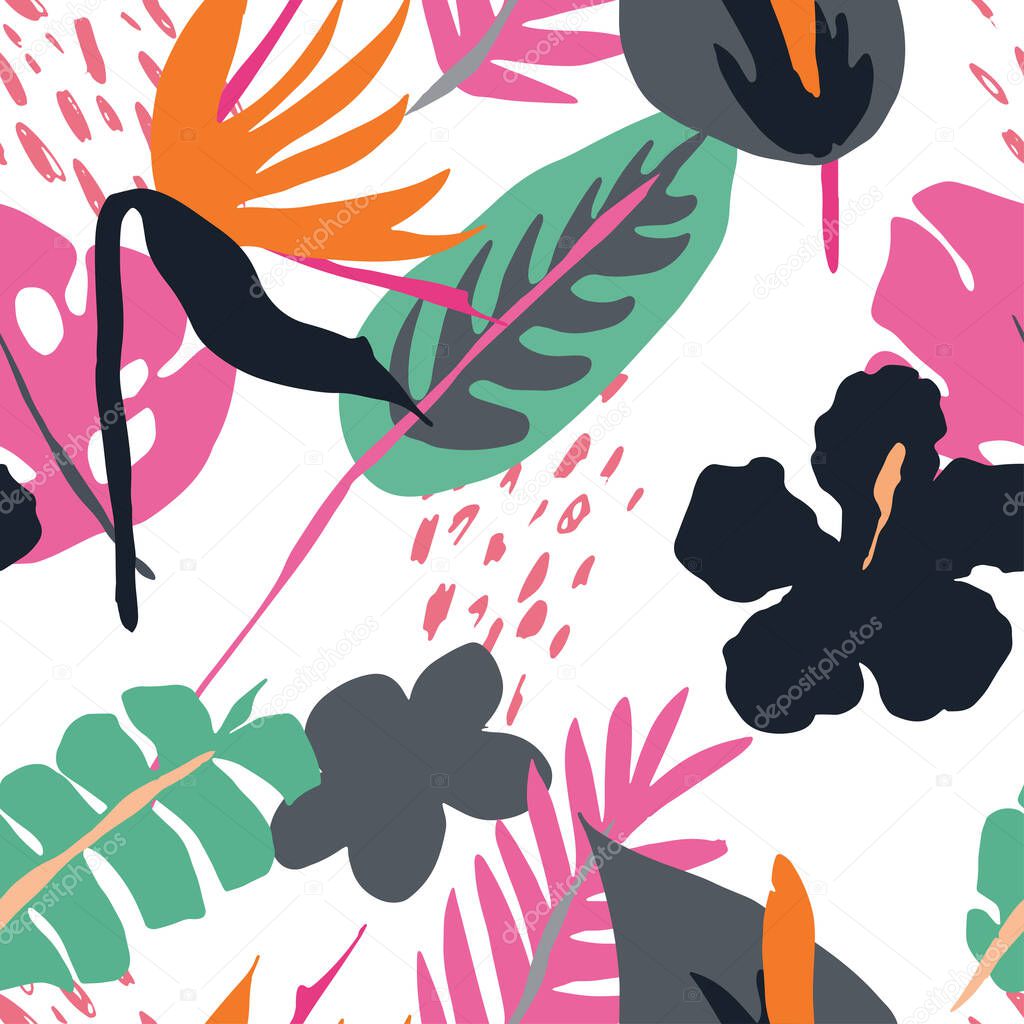 Minimal summer trendy vector tile seamless pattern in scandinavian style. Bird of paradise, hibiscus, laceleaf flowers, palm leafs. Textile fabric swimwear graphic design for pring.