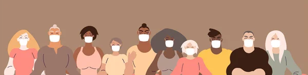 Grupo Pessoas Diferentes Usando Máscara Facial Para Proteção Vírus Ilustração — Vetor de Stock