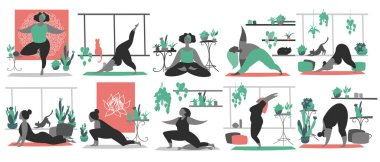 El çizimi, çizgi film karakteri siyahi kadın karakterinin arka planda saksı bitkileriyle yoga pozu verirken minimum vektör çizimi.