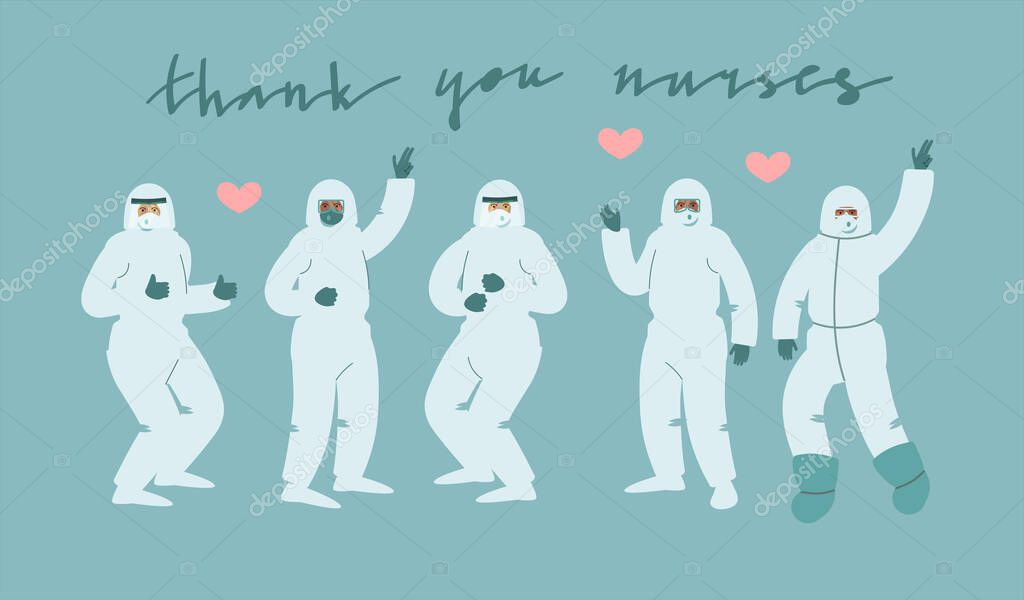 Group of medical professionals in protection suits doing various funny poses for celebration. Vector art in minimal style.