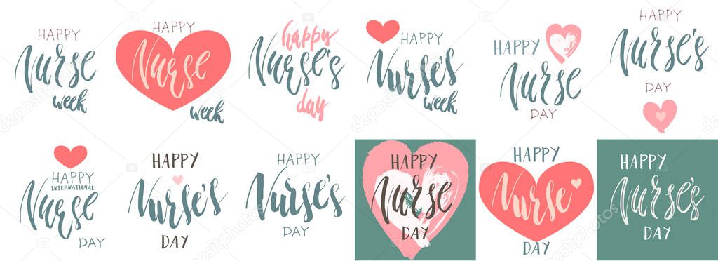 Beautiful handwritten brush lettering vector illustration phrase Happy Nurse's Week or Day with heart decoration isolated on white.