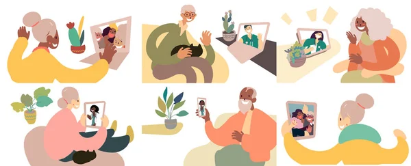 Yaşlılar Evdeyken Tıbbi Danışmanlık Alıyor Arkadaşlarıyla Görüntülü Konuşma Yapıyorlar Düz — Stok Vektör