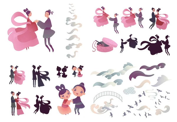 Vector Illustration Set Chinese Valentine Qixi Festival Couple Cute Cartoon — Image vectorielle