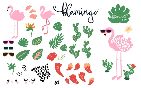Flamingo Cactussen Tropische Bladeren Zonnebrillen Zomer Thema Illustraties Set Leuke — Stockvector