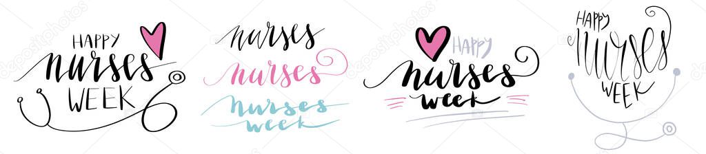 Happy Nurses Week beautiful handwritten brush lettering vector illustration phrase with heart decoration isolated on white.
