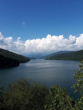 Göl, bulutlar ve dağlarla güzel bir manzara. Orman ve Göl