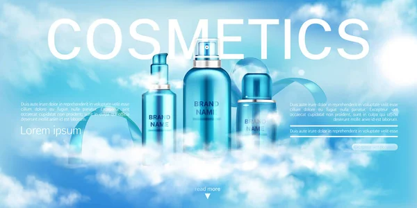 Cosmetics bottles, beauty product line landing page banner mock up, spray and pump tubes on blue cloudy sky background. Moisturize cosmetic advertising promo template. Realistic 3d vector illustration