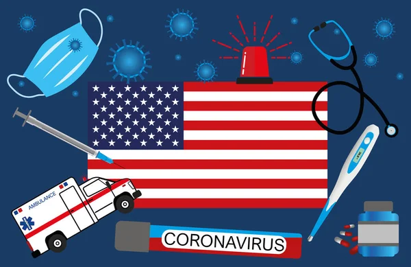 Vector Illustration Coronavirus Epidic United States Protective Mask Gloves Medicines — стоковий вектор