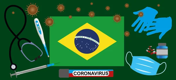 Візуалізація Епідемії Коронавірусу Brazil Protective Mask Gloves Medicines Medical Equipment — стоковий вектор