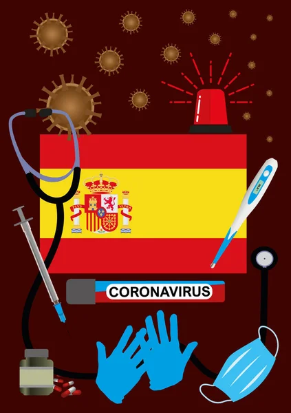 Візуалізація Епідемії Коронавірусу Spain Protective Mask Gloves Medicines Medical Equipment — стоковий вектор