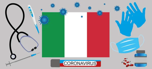 Vector Illustration Coronavirus Epidic Italy Protective Mask Gloves Medicines Medical — стоковий вектор
