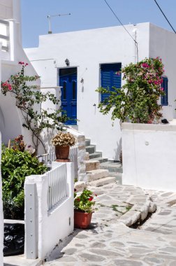 A typical scene with white houses in Paros or Parikia, Cyclades islands, Greece