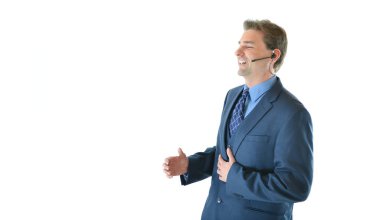 İş adamı telefon gülüyor veya sunulması veya müşteri hizmetleri temsilcisi