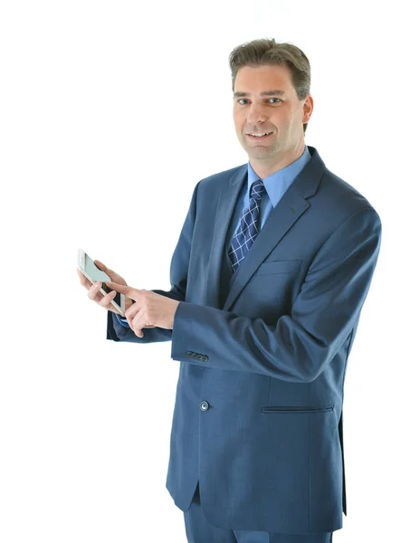 Biznes człowiek trzyma pewien silny telefon — Zdjęcie stockowe